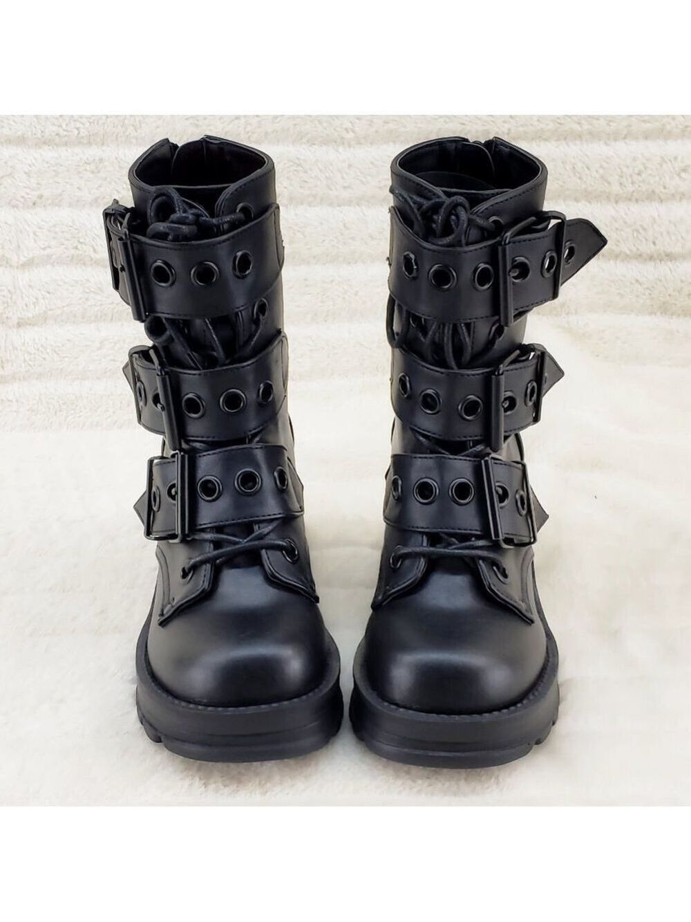 Bratty Goth 3 Big Buckle Strap Block Heel Combat Ankle Boots Punk Rock - Picture 4 of 15
